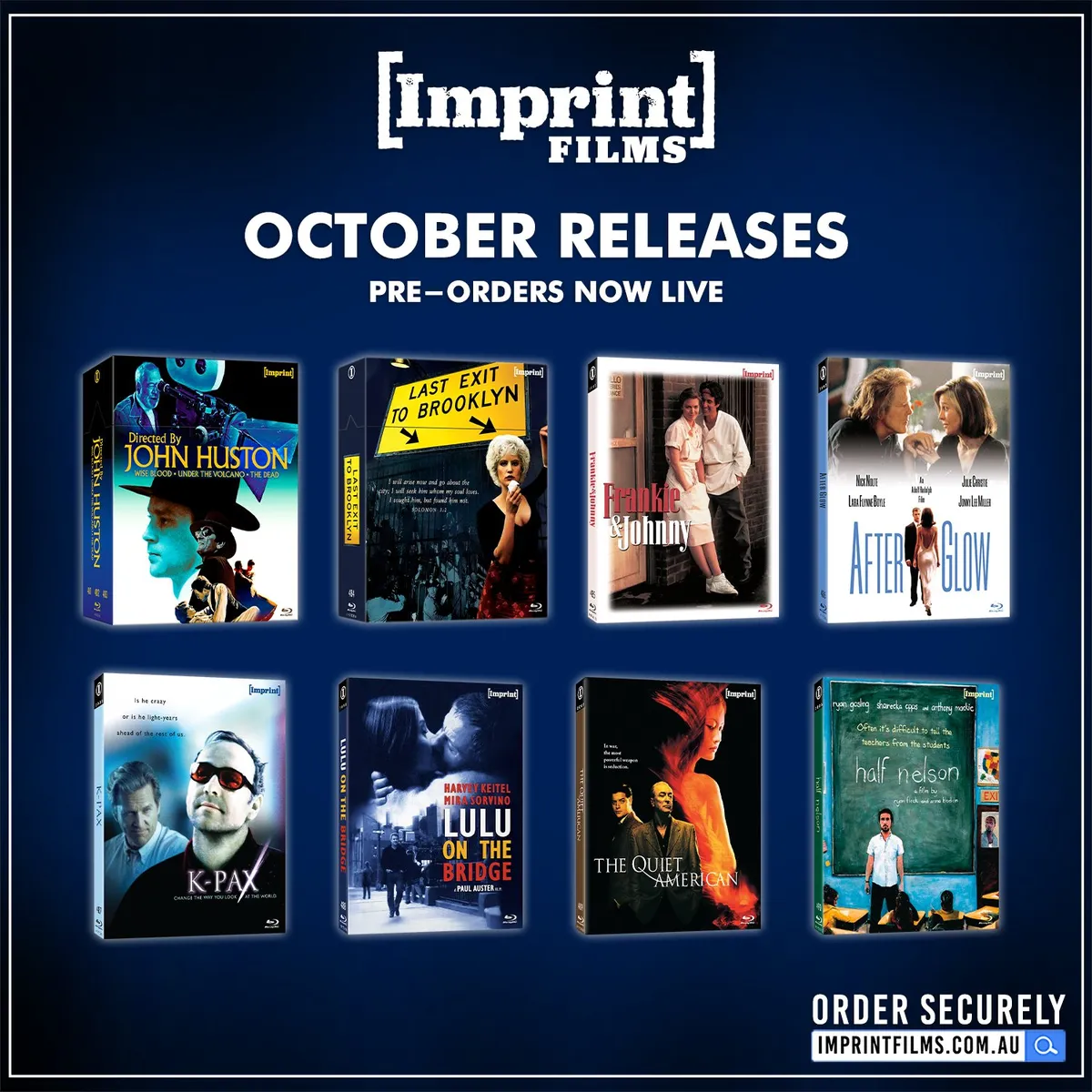 Imprint Films October 2025 Blu-ray Releases: John Huston Collection, K-PAX, Frankie and Johnny & More