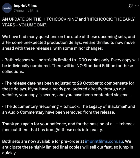 Imprint Films Delays Alfred Hitchcock Blu-ray Box Sets to October, Limits to 1,000 Copies Each