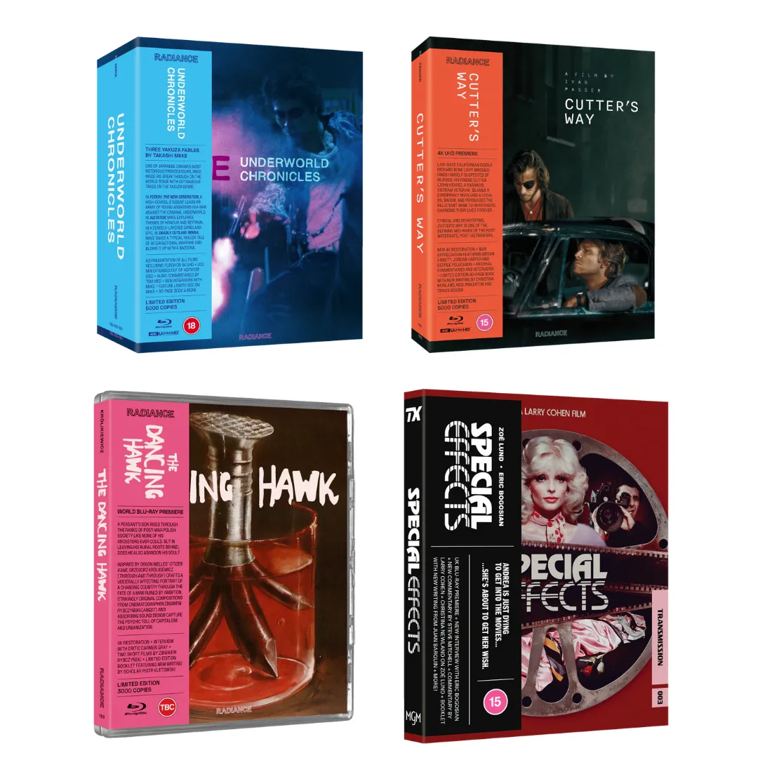 Radiance Films March 2026 releases include Takashi Miike box set, Cutter's Way 4K, The Dancing Hawk, and Special Effects.
